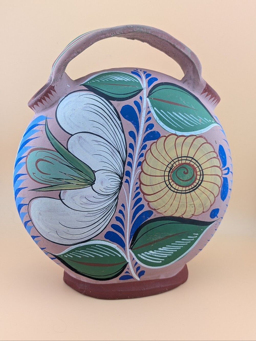 Vintage Tonala Mexican Pottery Wedding Vase Hand Painted Clay Folk Art